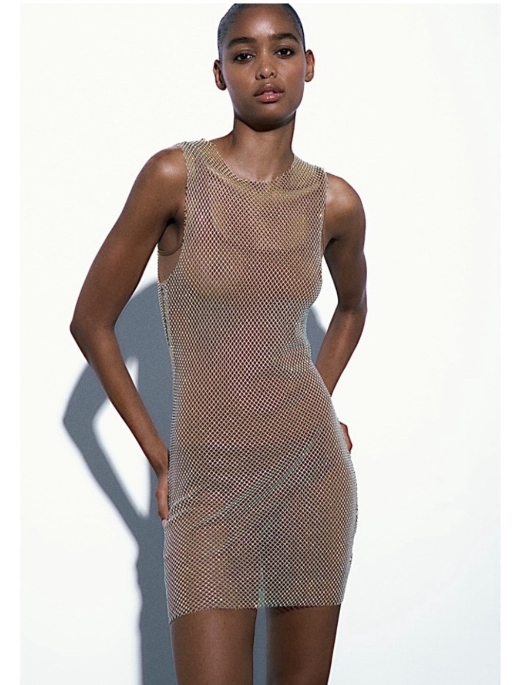 Zara Rhinestone Mesh Mini Dress Cover Up Nude Crystal Fishnet Beach Party Size S